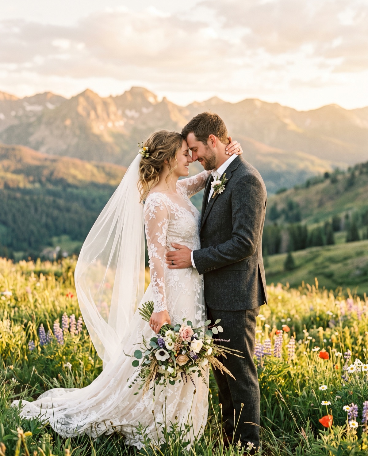 A bride and groom embracing forehead-to-forehead in a wildflower mountain meadow at golden hour