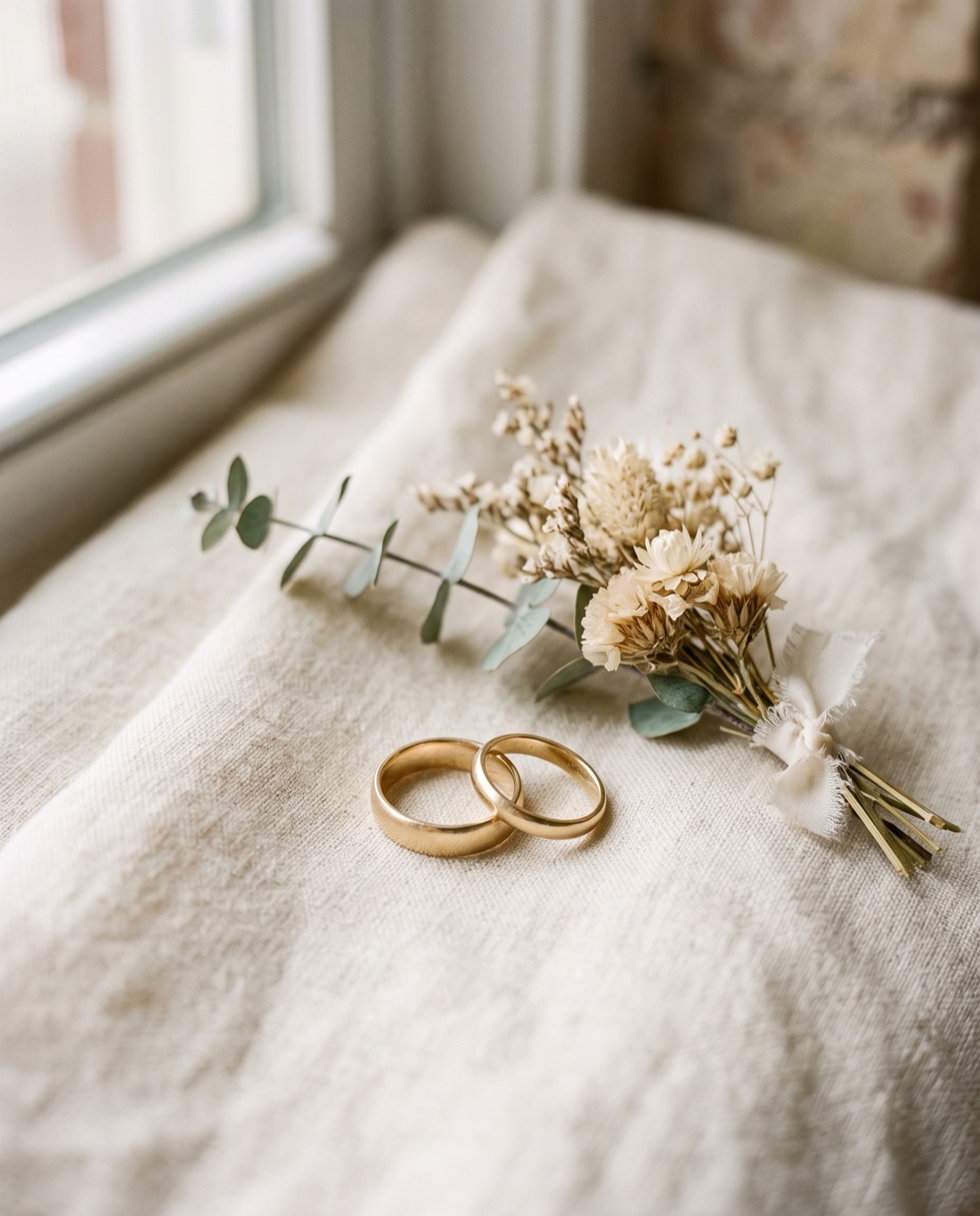 The Details — Gold bands on linen with dried florals.