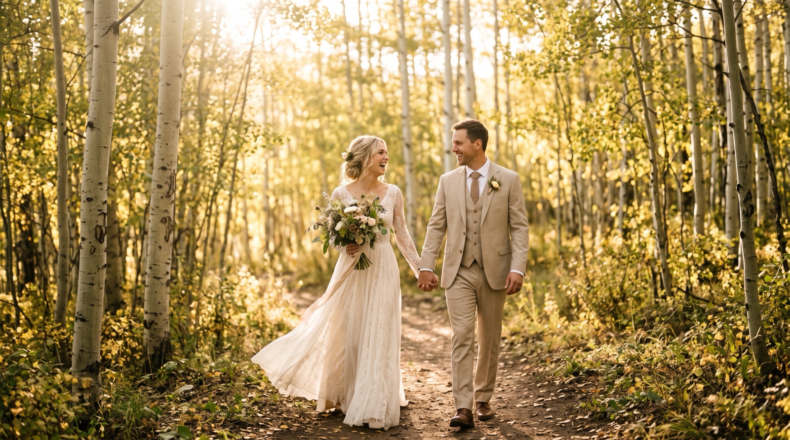 A bride and groom walking hand in hand through a sunlit aspen grove at golden hour