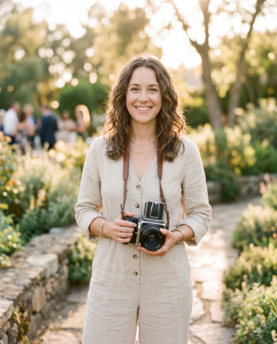 Élise Marchand, Photographer & Founder, Lumière, holding a film camera in golden-hour light